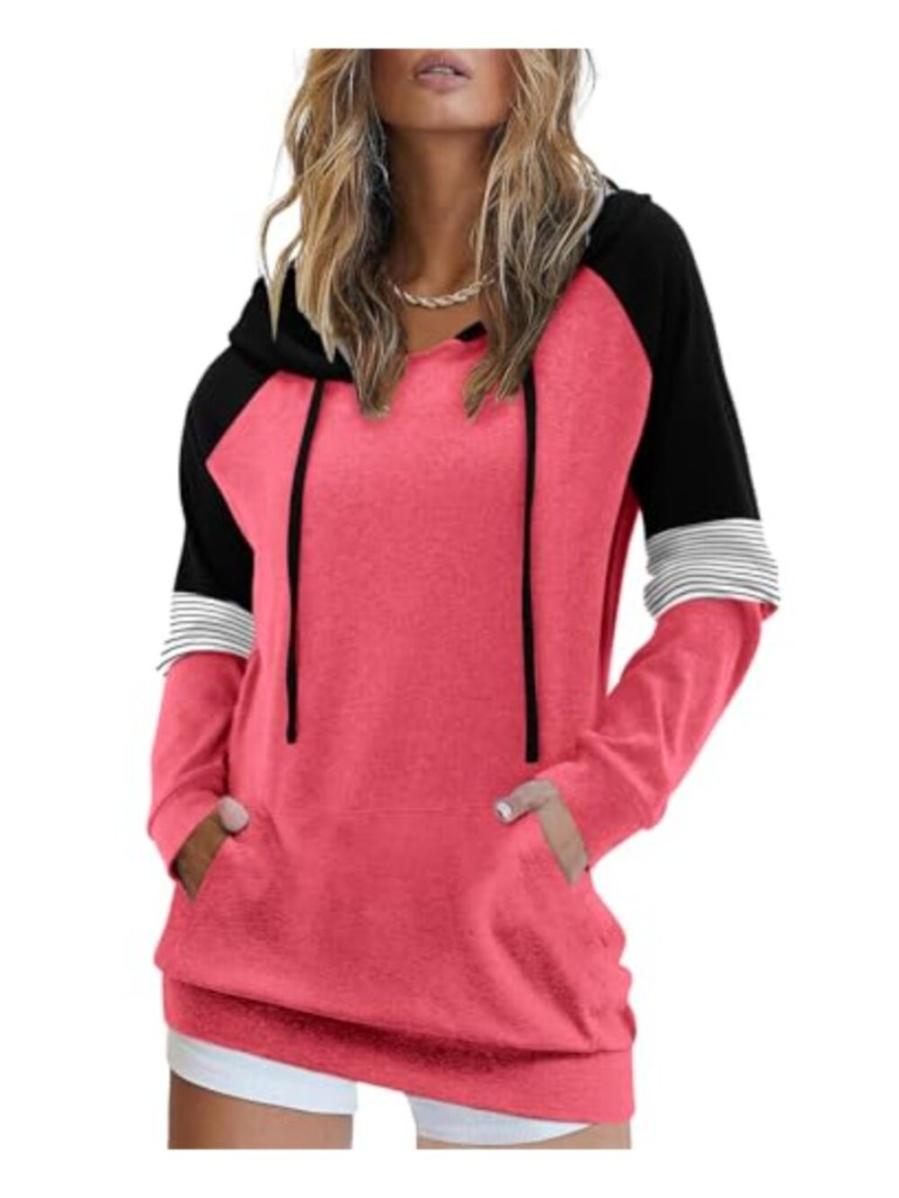 Womens Long Sleeve V Neck Hooded Sweatshirt Drawstring Pullover with Pockets